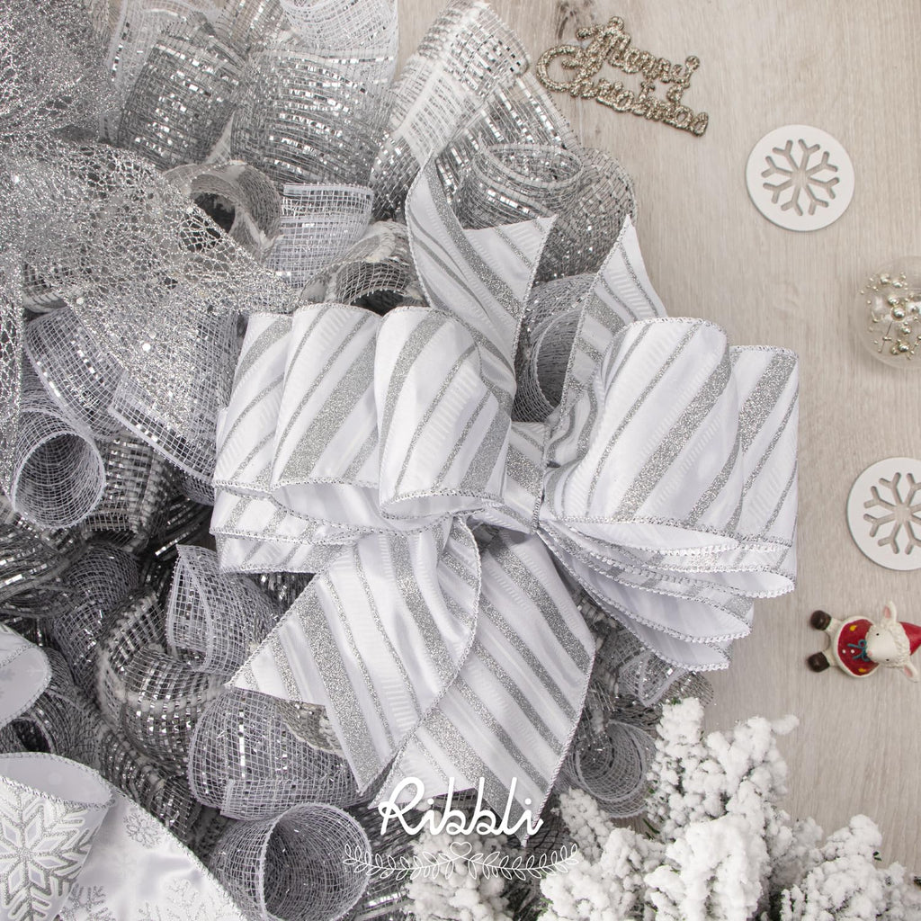 Ribbli Lt. Silver Metallic Mesh Ribbon,10 inch x 30 feet(10Yard), Silver with Silver Foil, Christmas Ribbon for Wreath Swags and Christmas Tree Decoration