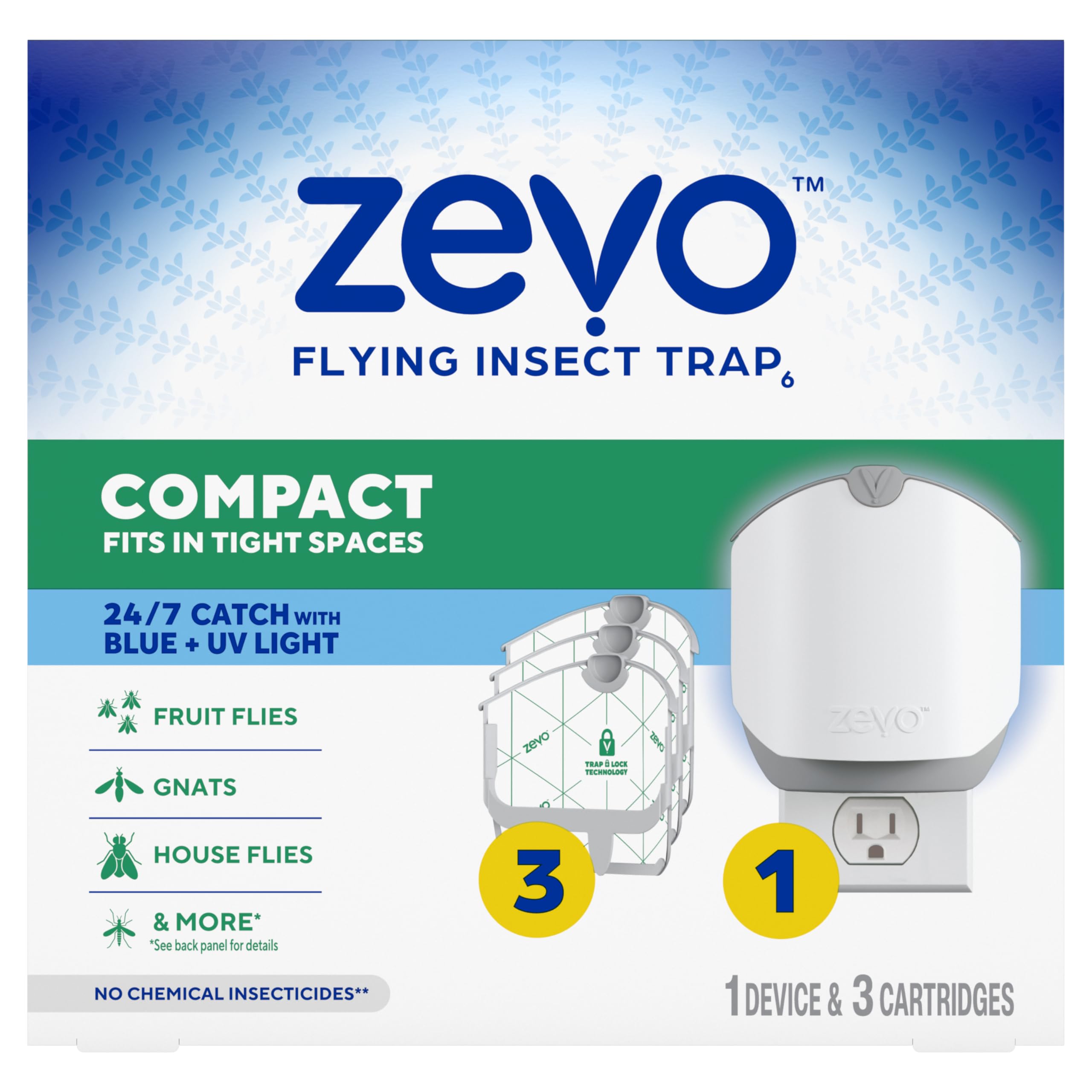 Zevo Compact Flying Insect Trap Kit with Refill Cartridges - Plug-in Indoor Bug Catcher for Gnats, House & Fruit Flies - Blue + UV Light Technology, No Odor, No Mess (1 Plug-in Device + 3 Cartridges)