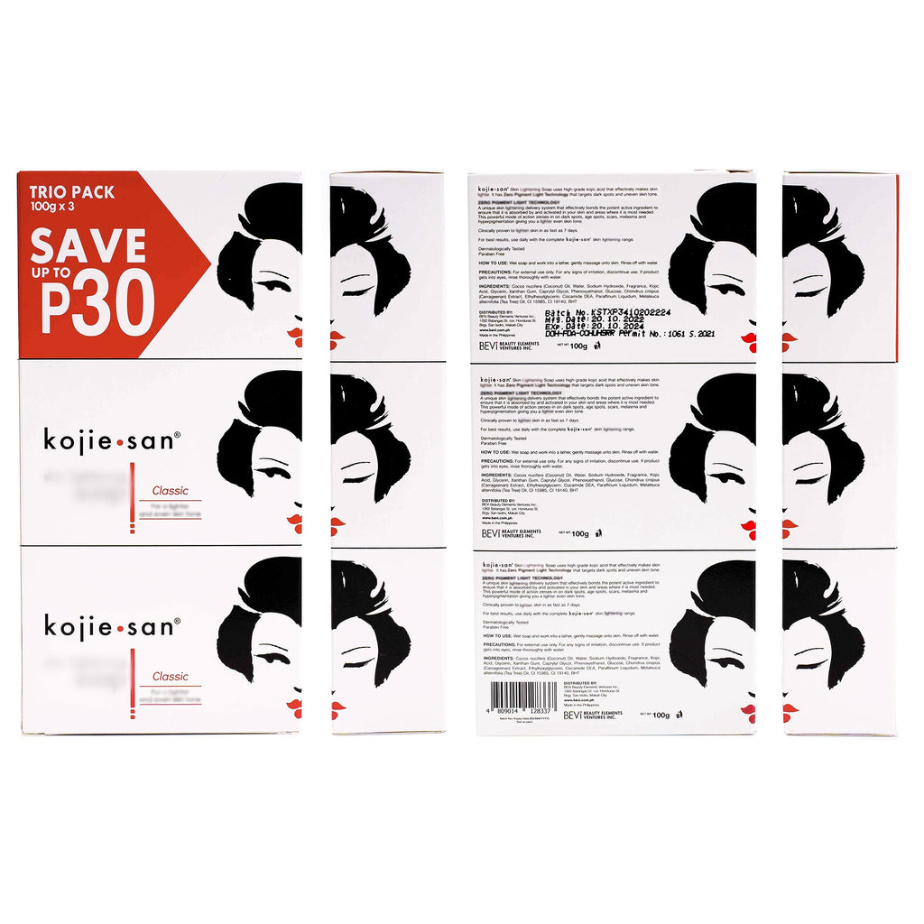 Kojie San Skin Brightening Soap – The Original Kojic Acid Soap that Reduces Dark Spots, Hyper-pigmentation, & other types of skin damage – 100g x 3 Bars