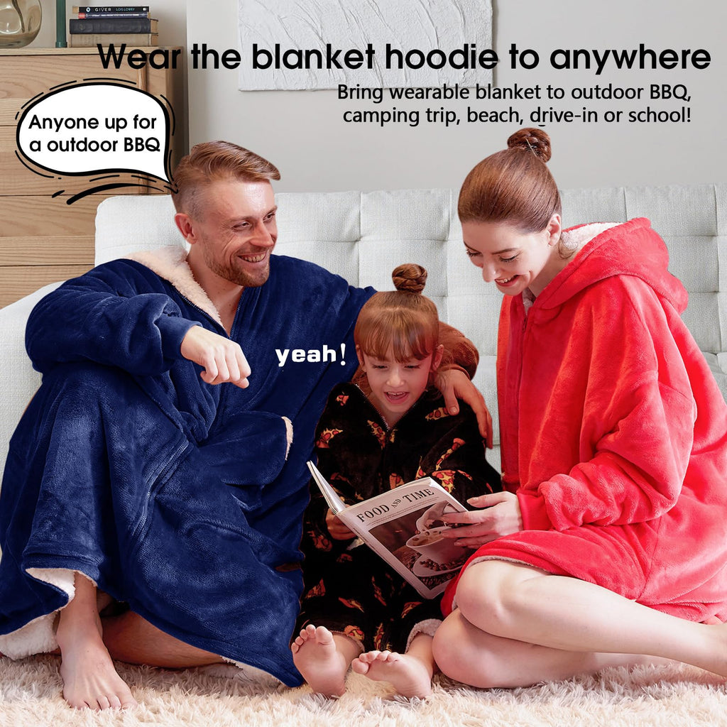 JOYWOO Wearable Blanket Hoodie, Oversized Hooded Blanket for Adult, Birthday Christmas Gifts for Women Men, Cozy Fuzzy Sherpa Sweatshirt Blanket with Giant Pocket and Zipper, Navy Blue