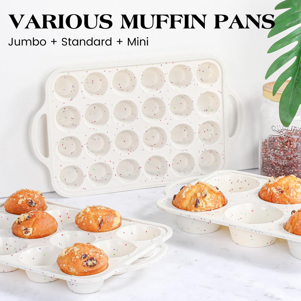 AOTASO 2 Pcs Jumbo Muffin Pan with Metal Frame, Nonstick 6 Cup Extra Large Cupcake Pan for Baking, Silicone Deep Muffin Tray for Egg Bites (Cream)
