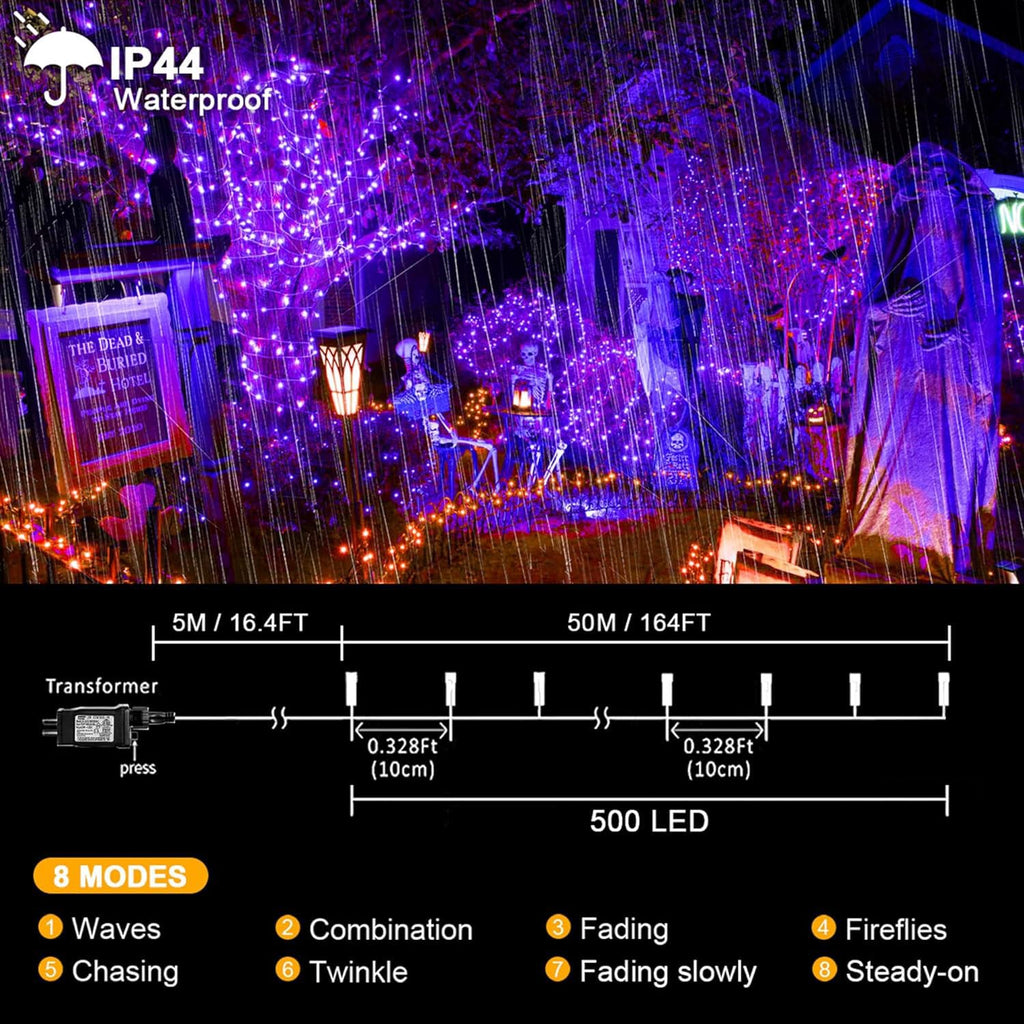 kemooie 500 LED Purple Halloween Lights, 164FT 8 Twinkle Modes Plug in Lights, Waterproof Extra Long String Lights for Outdoor Indoor Tree Wedding Party Garden Halloween Christmas Decorations (Purple)