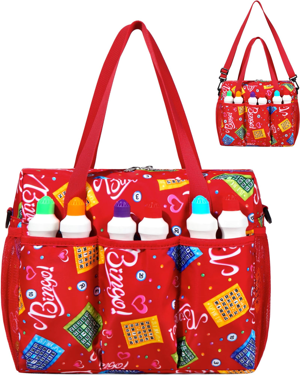 Bingo Bag with Pockets for Bingo Daubers Dabbers Dobbers Red Bingo Bag for Bingo Stuff Supplies Bingo Dauber Bag for Bingo Equipment Bingo Accessories for Women Bingo Prizes for Adults Seniors Elderly