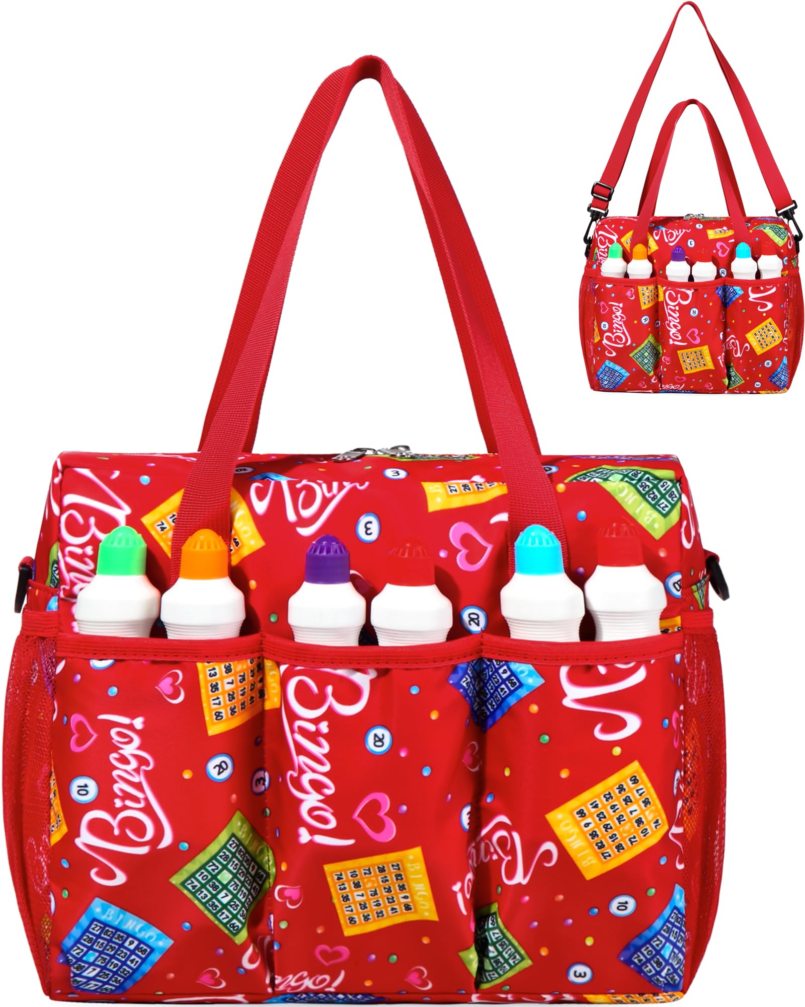 Bingo Bag with Pockets for Bingo Daubers Dabbers Dobbers Red Bingo Bag for Bingo Stuff Supplies Bingo Dauber Bag for Bingo Equipment Bingo Accessories for Women Bingo Prizes for Adults Seniors Elderly