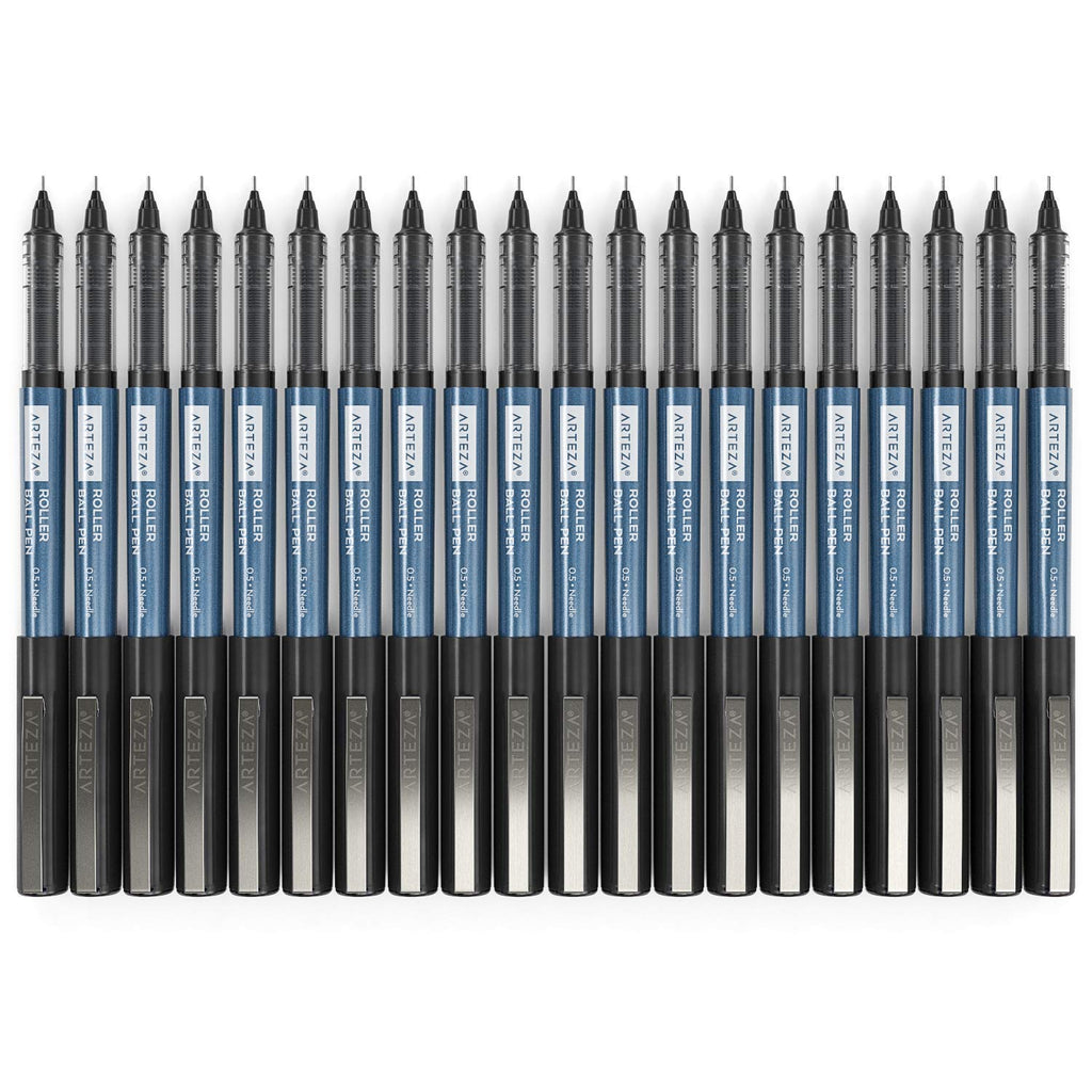 ARTEZA Rollerball Pens, Set of 20 Black Liquid Ink, Extra Fine Point, 0.5 mm, Needle Tip Pen for Writing, Notetaking, Drawing, Office Supplies, School