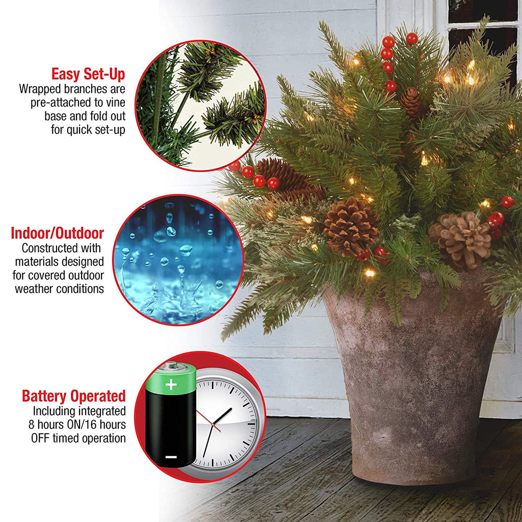 National Tree Company Company Pre-lit Artificial Christmas Tree Feel Real Urn Filler | Flocked with Mixed Decorations Strung LED Lights with Stand | Colonial-18 Inch, 18", Warm White