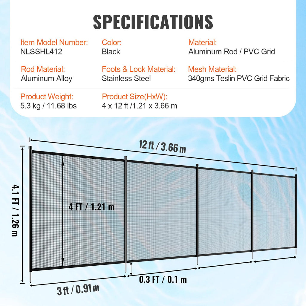 VEVOR Pool Fence, 4 x 12 FT Pool Fences for Inground Pools, Removable Pool Fencing, Easy DIY Installation Swimming Pool Fence, 340gms Teslin PVC Pool Fence Mesh Protects Kids and Pets