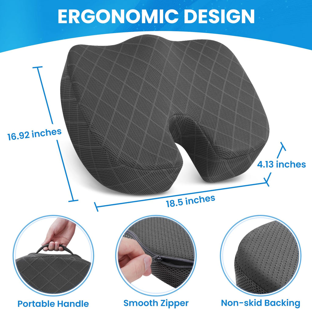 TushGuard Seat Cushion - for Office Chair, Car Seat, Airplane, Bleacher - Sciatica & Coccyx Pain Relief Desk Chair Cushion for Long Sitting Office Workers, Car Drivers(Grey, XX-Large)