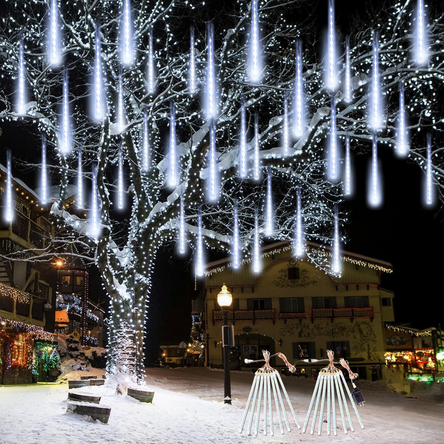 2-Pack Christmas Decorations Lights Outdoor, Total 384LED Meteor Shower Lights Rain Drop Lights 30cm 16 Tubes Indoor Outdoor Snow Cascading String Lights for Xmas Tree Roof Party Garden (Cool White)