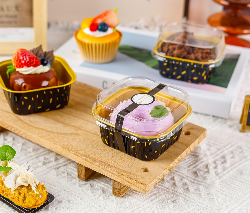 NPLUX 50 Pack Mini Cake Pans with Lids and Spoons Aluminum Foil Pans Square Cake Tins for Bakery Party Wedding (Black Gold Spot,5 oz)