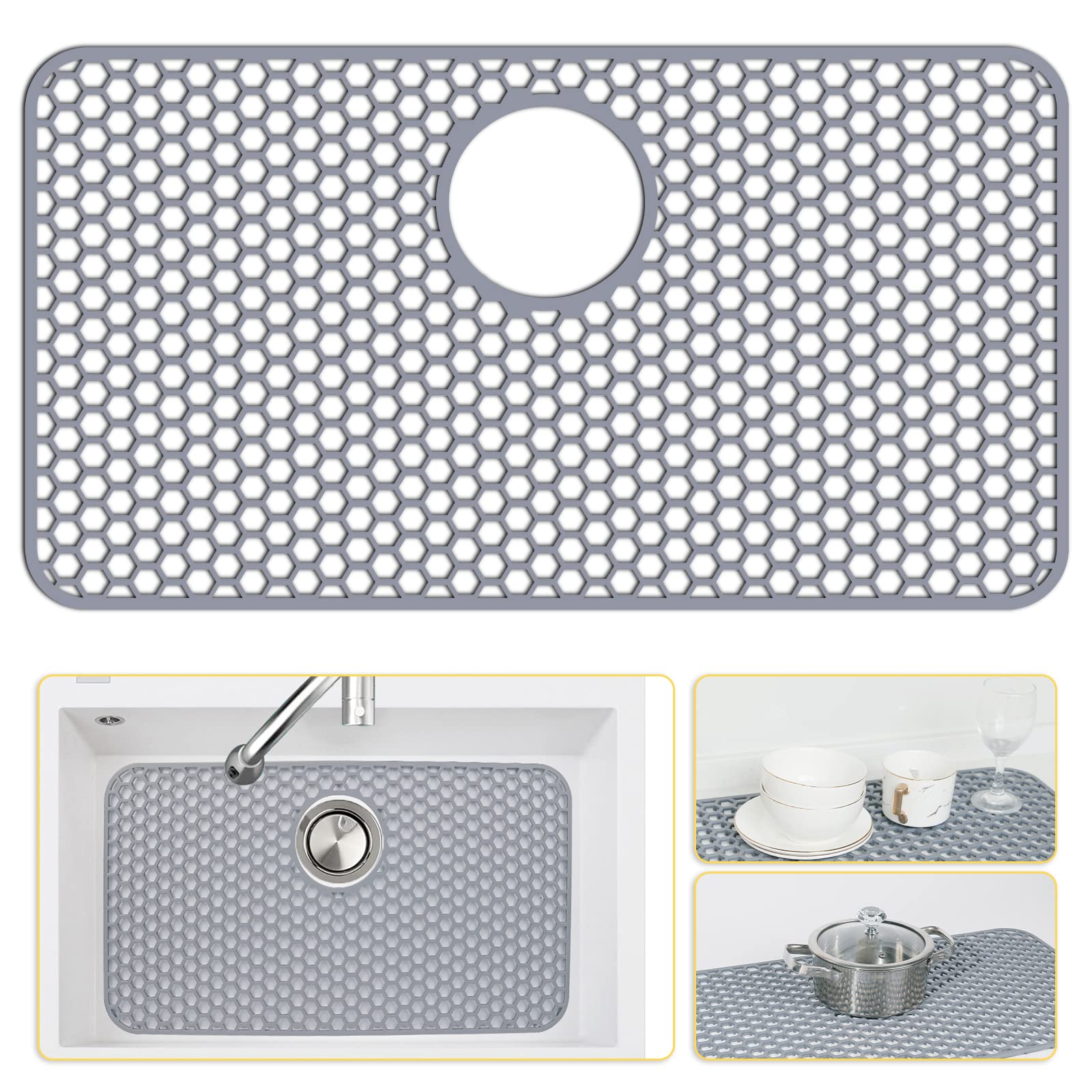 Bestjing Silicone Sink Protectors for Kitchen Sink with Rear Drain - 26"x 14" Kitchen Protector Accessory, Non-Slip Heat Resistant Grid Mat for Bottom of Farmhous Peorcelain Stainless Steel(Rear Hole)