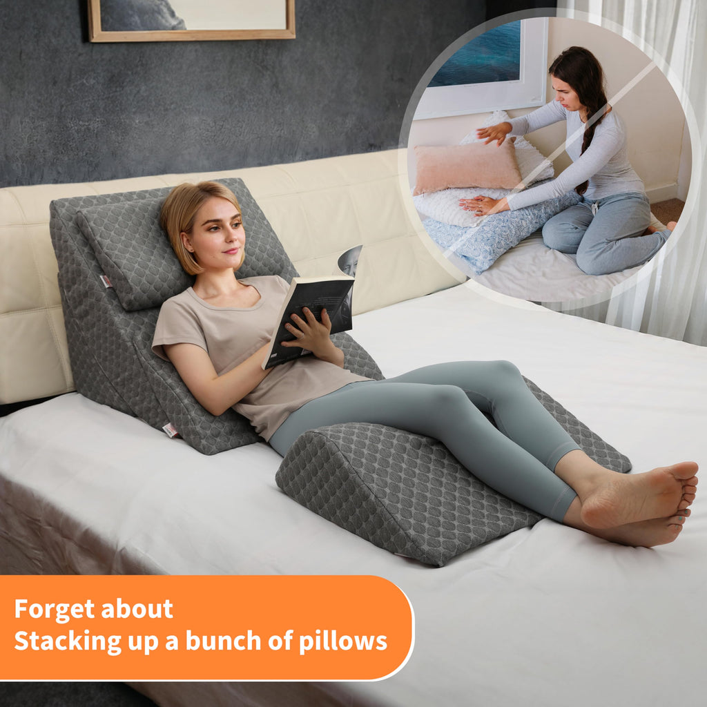 Adjustable Orthopedic Bed Wedge Pillow Set, Post Surgery Recovery, Memory Foam Wedge Pillow for Back, Knee and Leg Pain Relief, Sleeping, Sitting up in bed, Reading, Acid Reflux, Snoring, Melange Gray