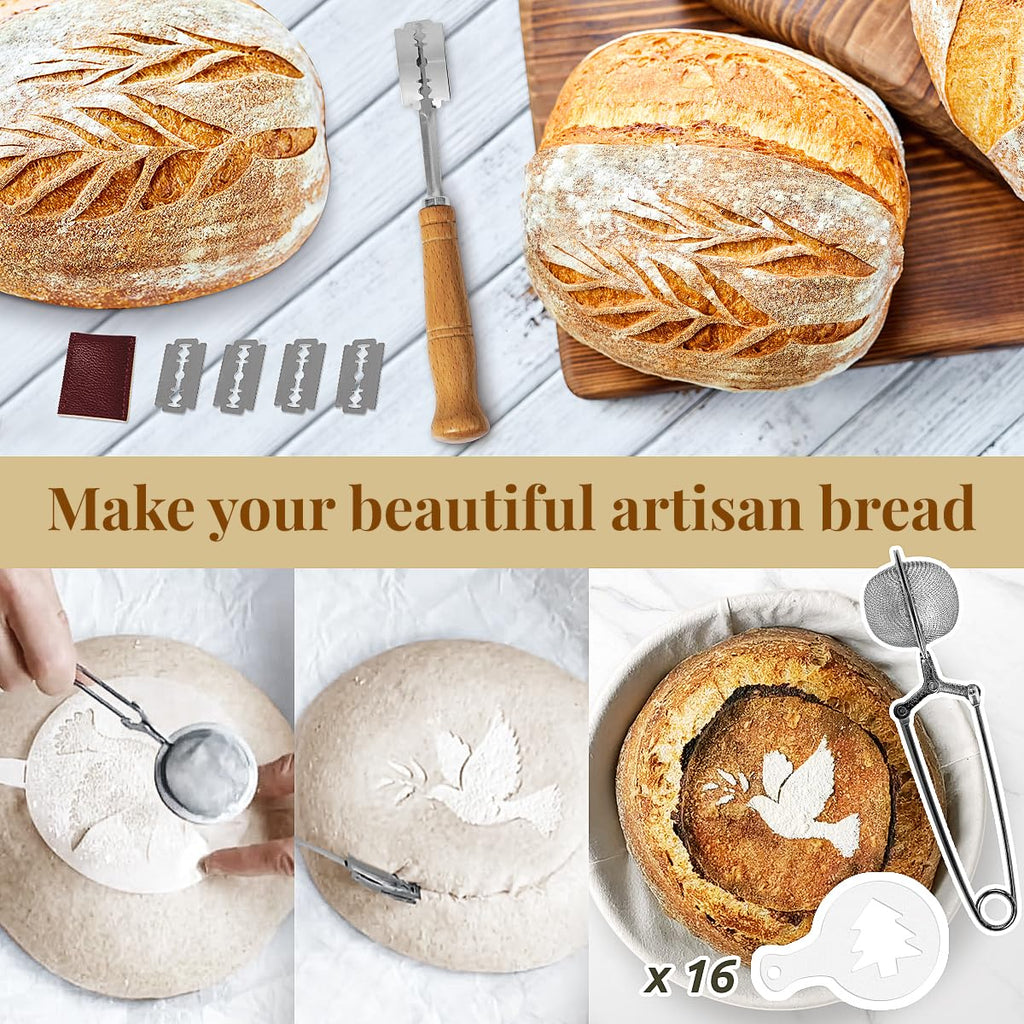 BAVIFY Banneton Bread Proofing Basket Sourdough Bread Baking Supplies, Sourdough Starter Kit with 9" Round & 10" Oval Banneton Baskets, Bread Lame, Sling, Spatula, Scraper, Dough Whisk