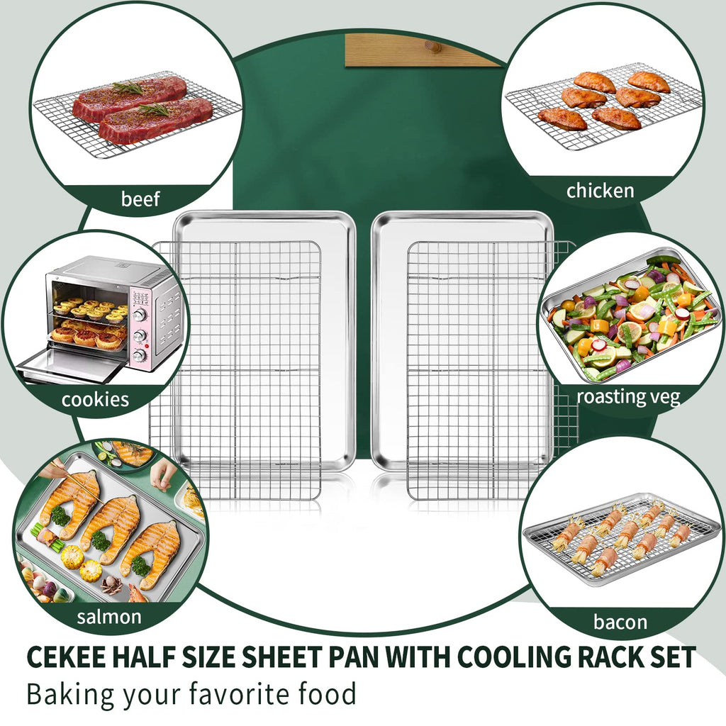 Half Sheet Pans with Rack Set [2 Pans + 2 Racks], CEKEE Stainless Half Size Large Baking Sheets with Rack -18 Inch Baking Tray Set- Rust & Warp Resistant & Heavy Duty Large Cookie Sheet