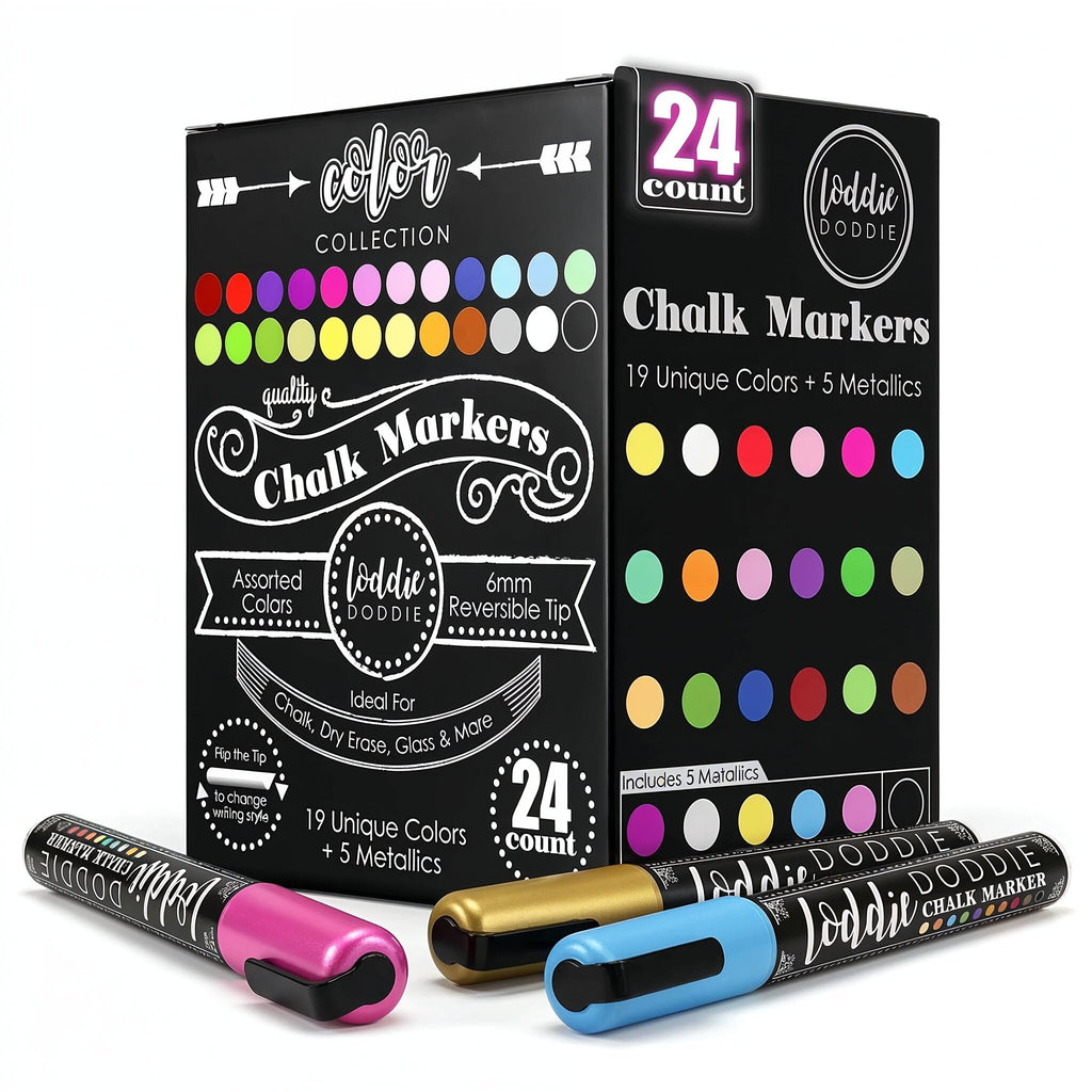 Loddie Doddie Chalk Markers - Pack of 24, 6mm Reversible Tips - Liquid Chalk Pens for Glass Surfaces & Windows - Erasable Pens for Chalkboard Calendar - Non-Toxic Chalkboard Markers