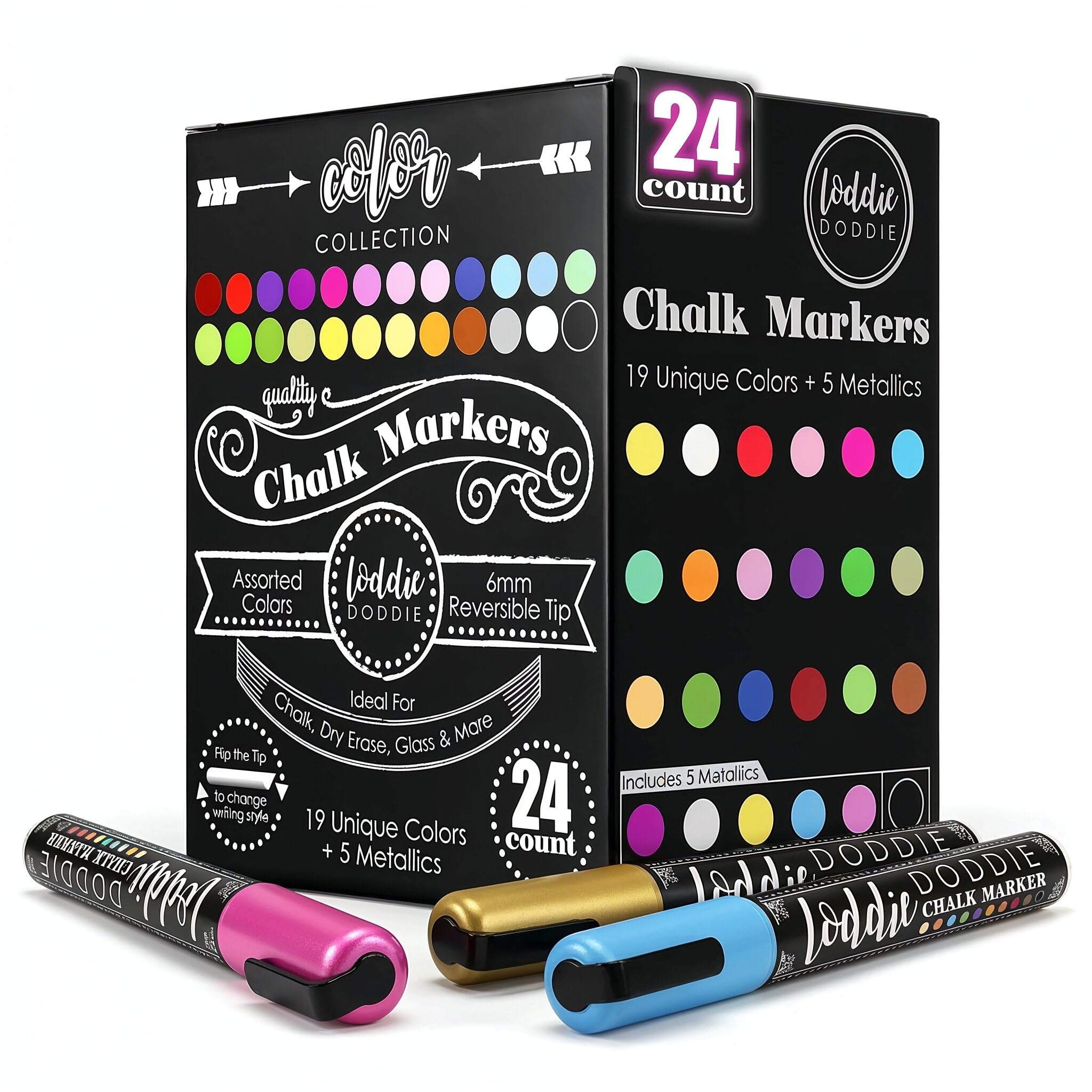 Loddie Doddie Chalk Markers - Pack of 24, 6mm Reversible Tips - Liquid Chalk Pens for Glass Surfaces & Windows - Erasable Pens for Chalkboard Calendar - Non-Toxic Chalkboard Markers