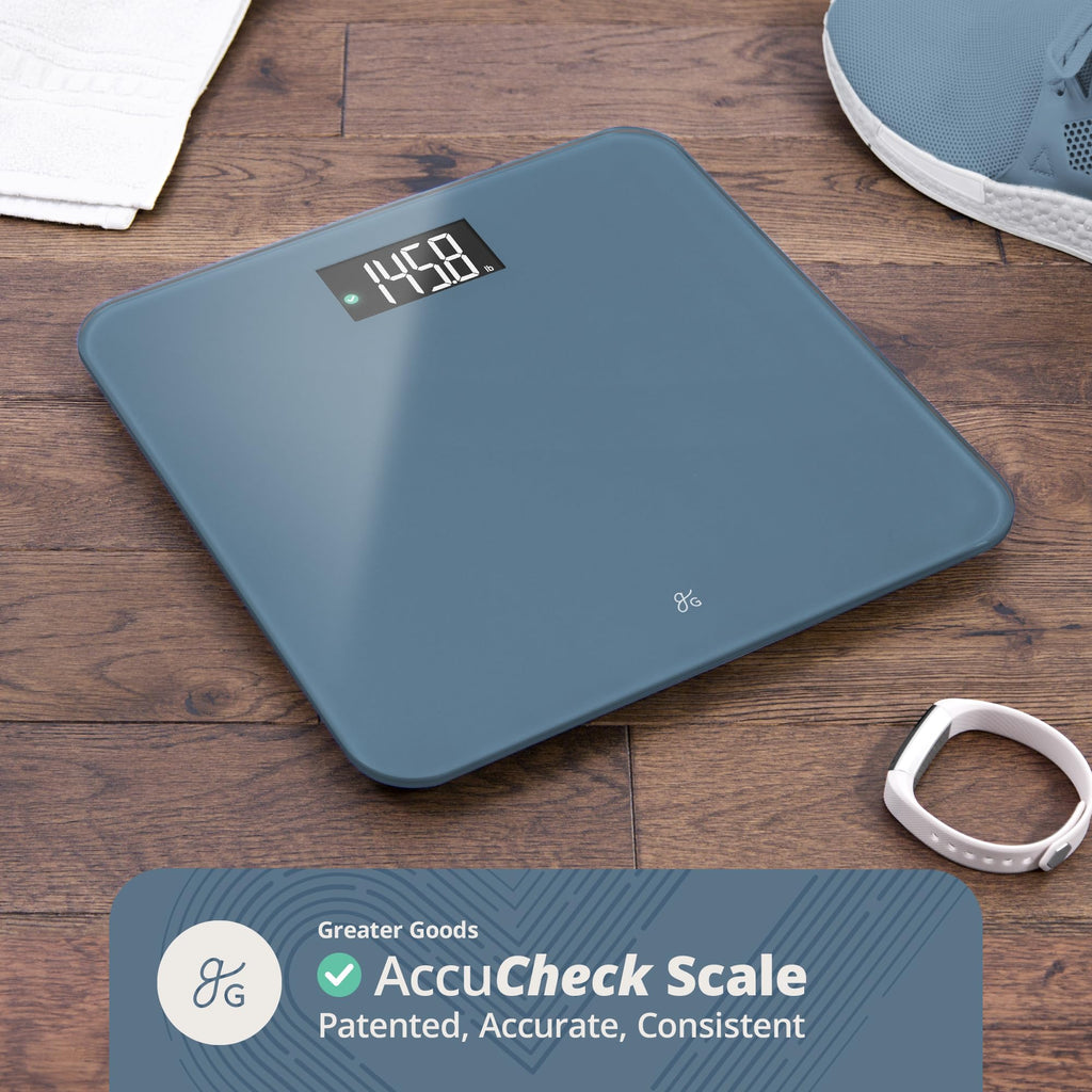 Greater Goods Digital AccuCheck Bathroom Scale for Body Weight, Capacity up to 400 lbs, Batteries Included, Stone Blue