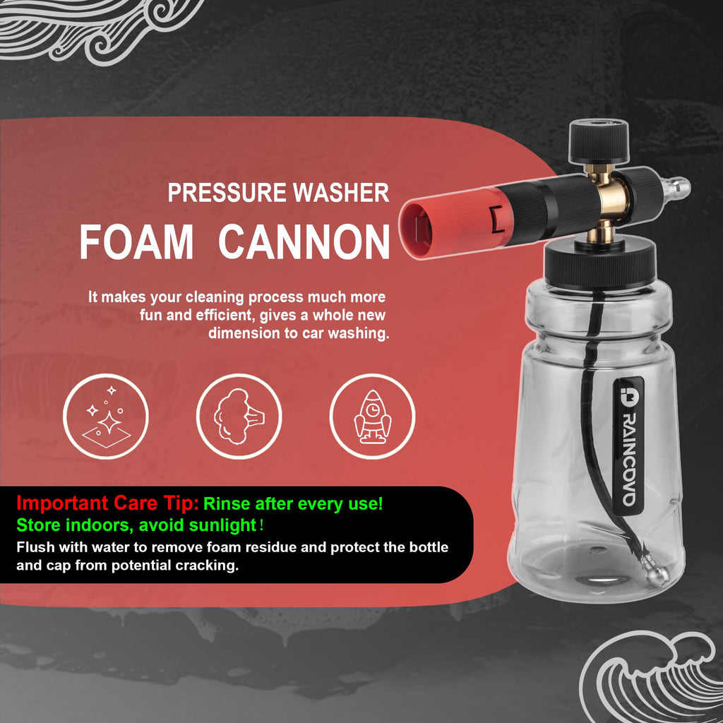 Raincovo Foam Cannon Wide Mouth for Pressure Washer, Thick Snow Foam Lance for Car Wash, Adjustable Soap Cannon with 1/4 Inch Quick Connector, Additional 1.1mm Orifice Nozzle