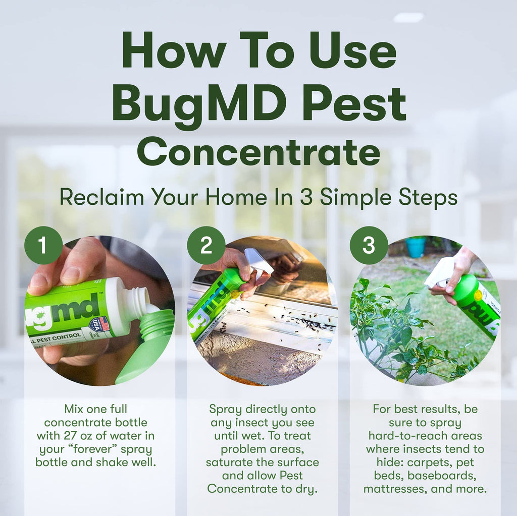 BugMD Starter Kit - Pest Oil Insect Solution Concentrate (2 Pack) - Plant-Powered Home Bug Spray, Bed Bug Killer + Reusable Spray Bottle