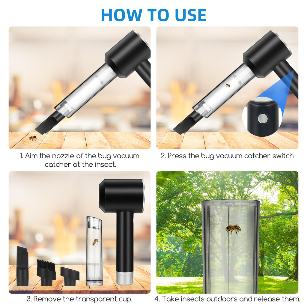 Bug Vacuum Catcher, Spider and Insect Catcher Traps, Rechargeable Bug Catcher with Brush Head & Charging Line & Multifunctional Suction Nozzle for Stink Bug, Moth, Cockroach, Spider, Ant, Black