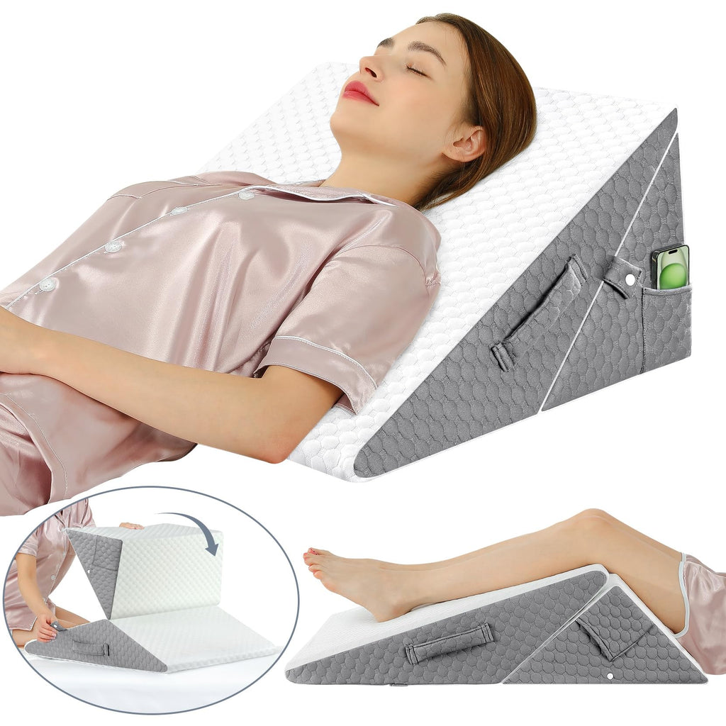 Wedge Pillow with Memory Foam Top, 9 & 12 Inch Bed Wedge for Acid Reflux, Back Pain, Heartburn, 7 in 1 Cooling-Gel Pillow Wedge for After Surgery, Adjustable Elevated Pillows for Sleeping, GERD
