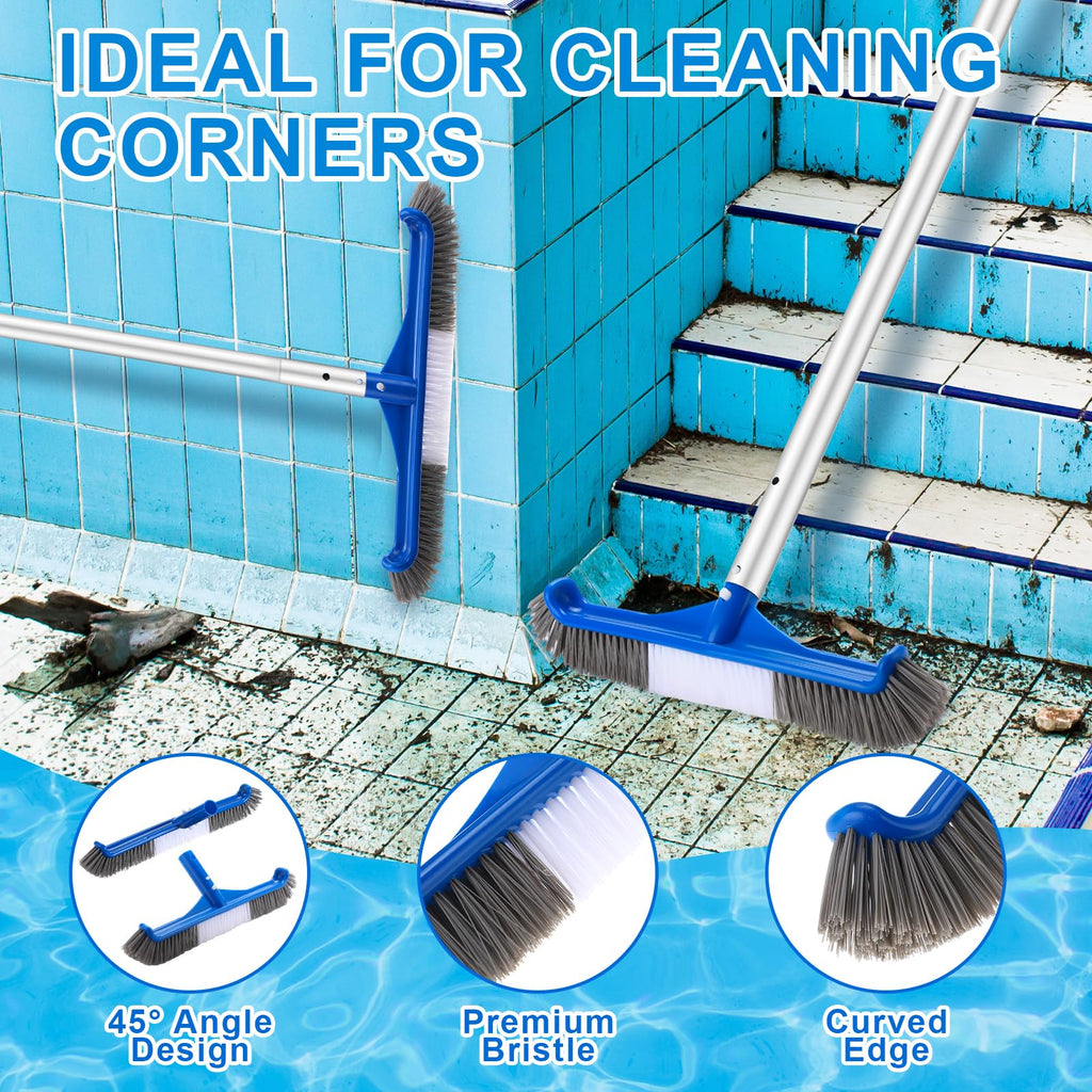 Potchen 3 Pcs Pool Cleaning Kit with Hand Skimmer Net, 47.24" Aluminum Pole and 17.5" Long Pool Brush Maintenance Accessory Tool for Above Ground Inground Ponds Home Tubs Spa