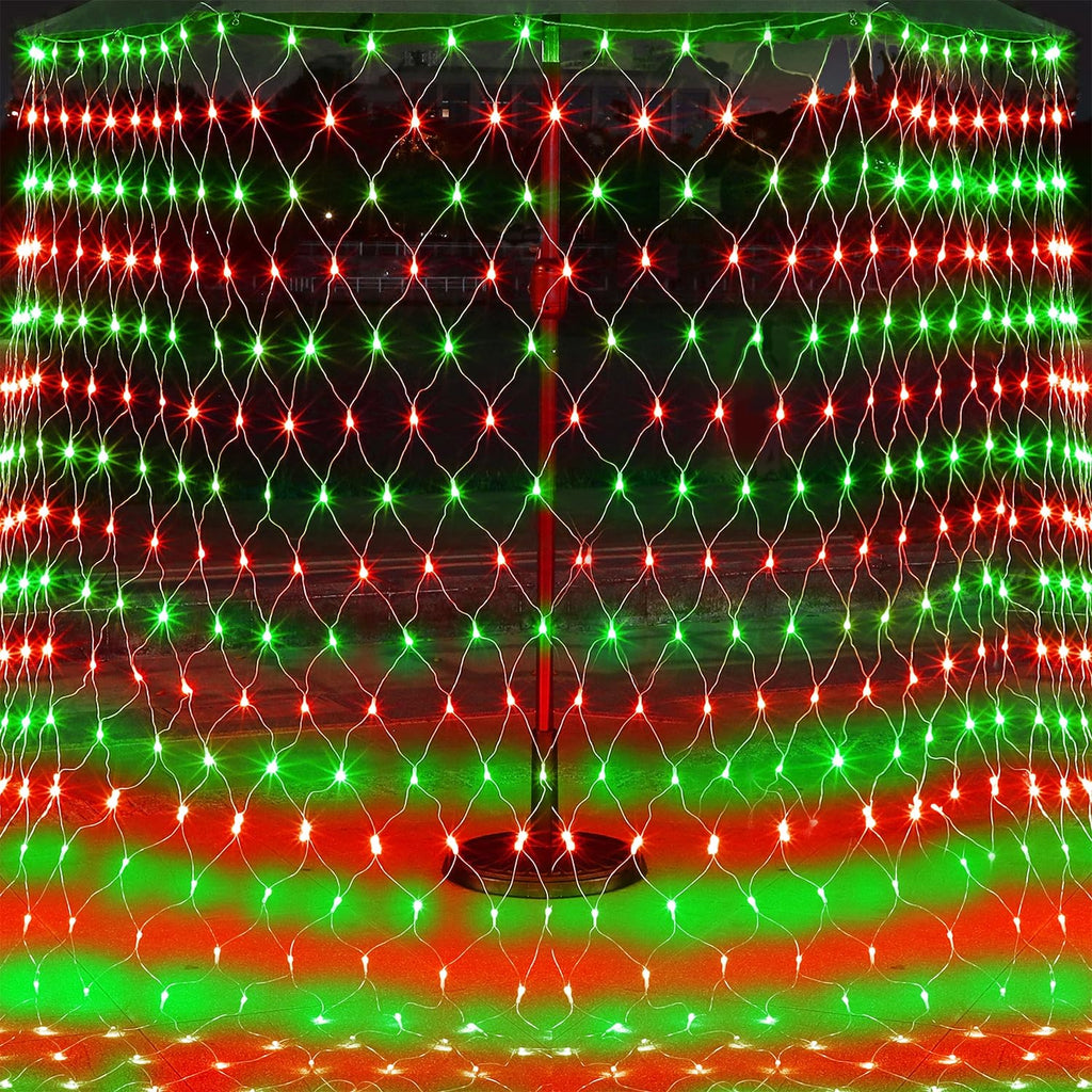 WATERGLIDE Outdoor Christmas Net Lights, 12FT x 5FT 360 LED Mesh String Light with 8 Lighting Mode, Connectable Waterproof Lights for Garden Tree Bushes, Holiday Wedding Party Decoration, Red & Green