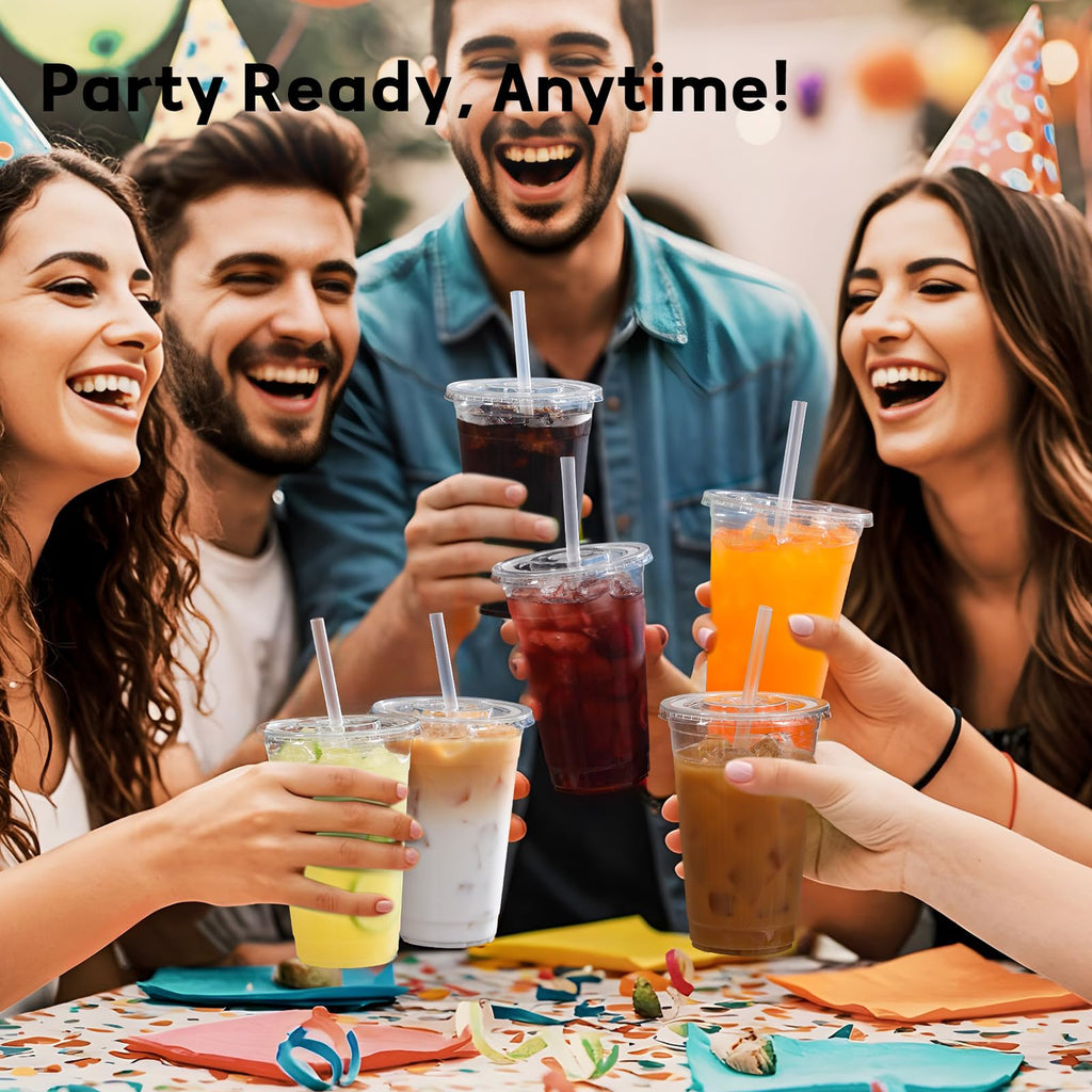 25 Pack - 16 oz Plastic Cups with Lids and Straws, Clear Iced Coffee Cups with Lids, Disposable Cups with Lids for Cold Drinks, Iced Tea, Milkshakes, Smoothies - Durable & BPA Free
