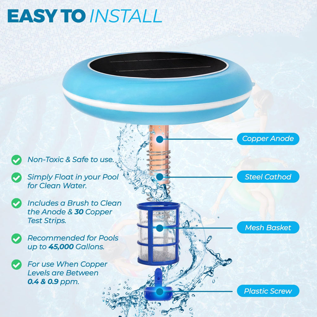 Solar Pool Ionizer - Enhanced with Latest Solar Technology & Longer-Lasting Anode | Reduces Chlorine- Mineral-Based Pool Cleaning Device | 85% Less Chlorine for Pools Up to 45,000 Gallons