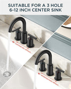 FORIOUS Black Bathroom Faucet 3 Hole, 8 Inch Matte Black Bathroom Sink Faucet Widespread with 360° Swivel Spout, Suitable for 6-12 Inch Vanity Sink, with Pop-up Drain and cUPC Supply Line