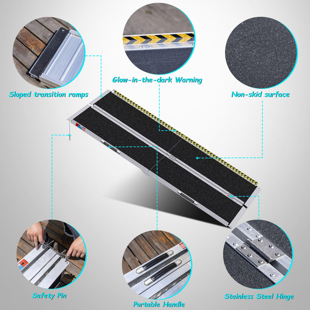 WHALEMOTOR Portable Wheelchair Ramp 7FT, Anti-slip Aluminum Folding Portable Ramp, Wheelchair Ramps for Home, Weight Capacity Up to 600 LBS, with Transition Plates above and below