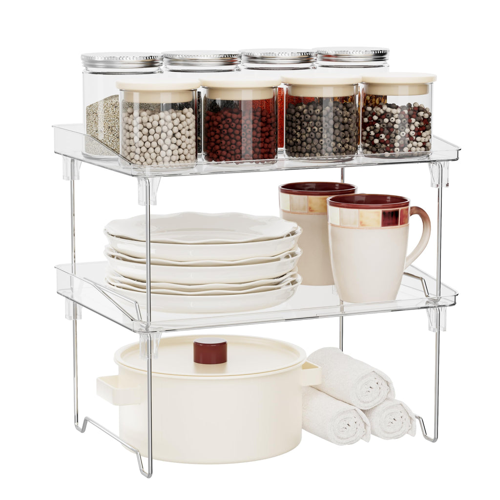 2 Pcs Cabinet Organizer Shelf, Stackable Kitchen Counter Shelves, Spice Rack,Countertop Organizers, Clear Plastic Storage Shelves Rack for Makeup,Bathroom,Cupboard,Desk,Pantry Organization