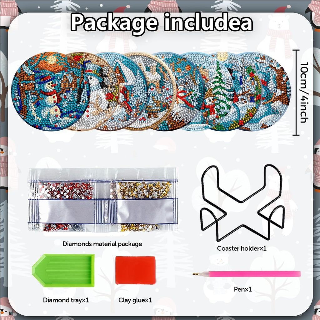 8 Pieces Christmas Snowman Diamond Coasters with Holder DIY Cute Christmas Snowman Diamond Art Coasters 5d Diamond Coasters for Beginners Adults for Christmas Holiday Gift
