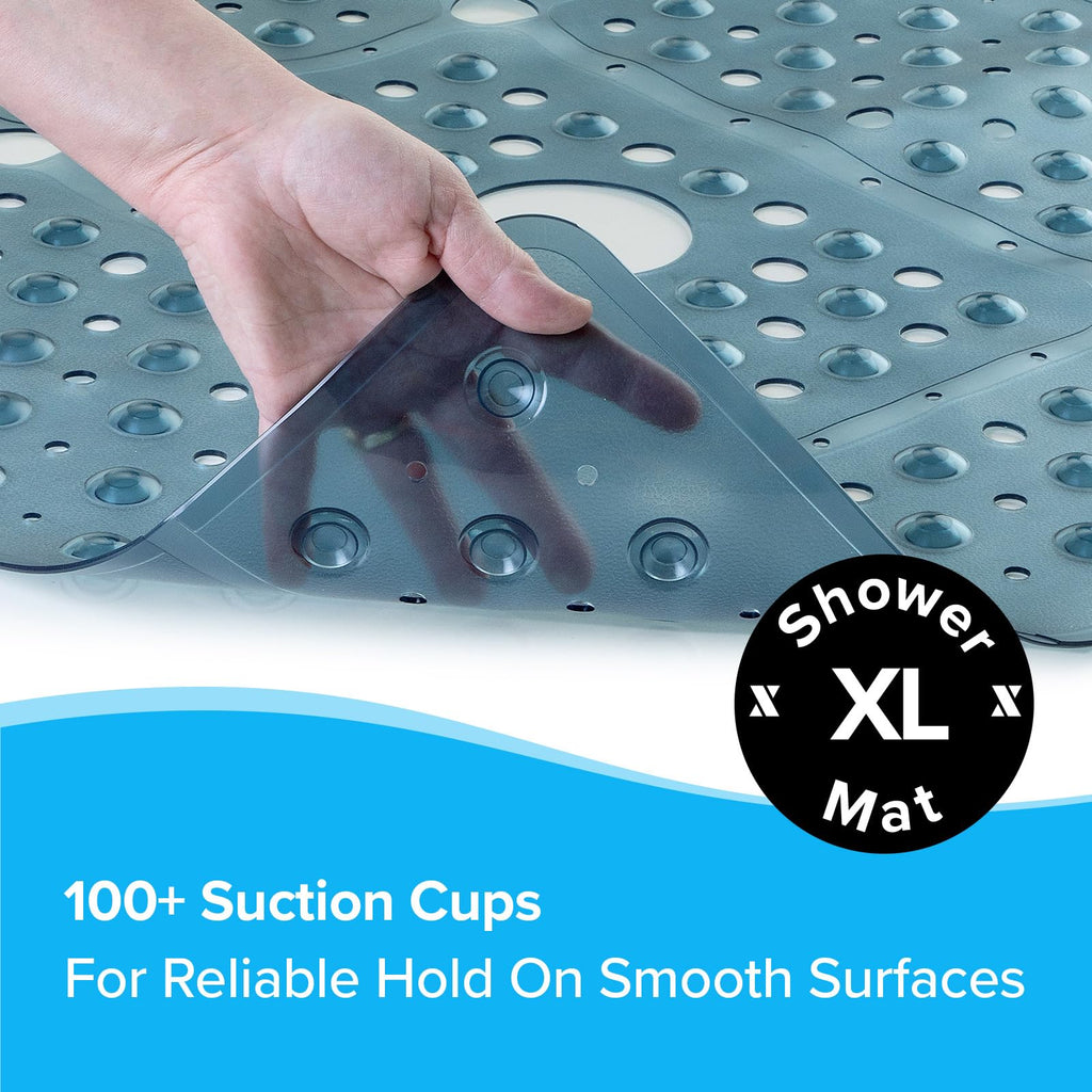 SlipX Solutions Extra Large Square Shower Mat, 27"x27", Non-Slip Stall Mat for Elderly & Kids Standing Bath Tub Mat, Machine Washable, Suction Cups, Dusty Blue
