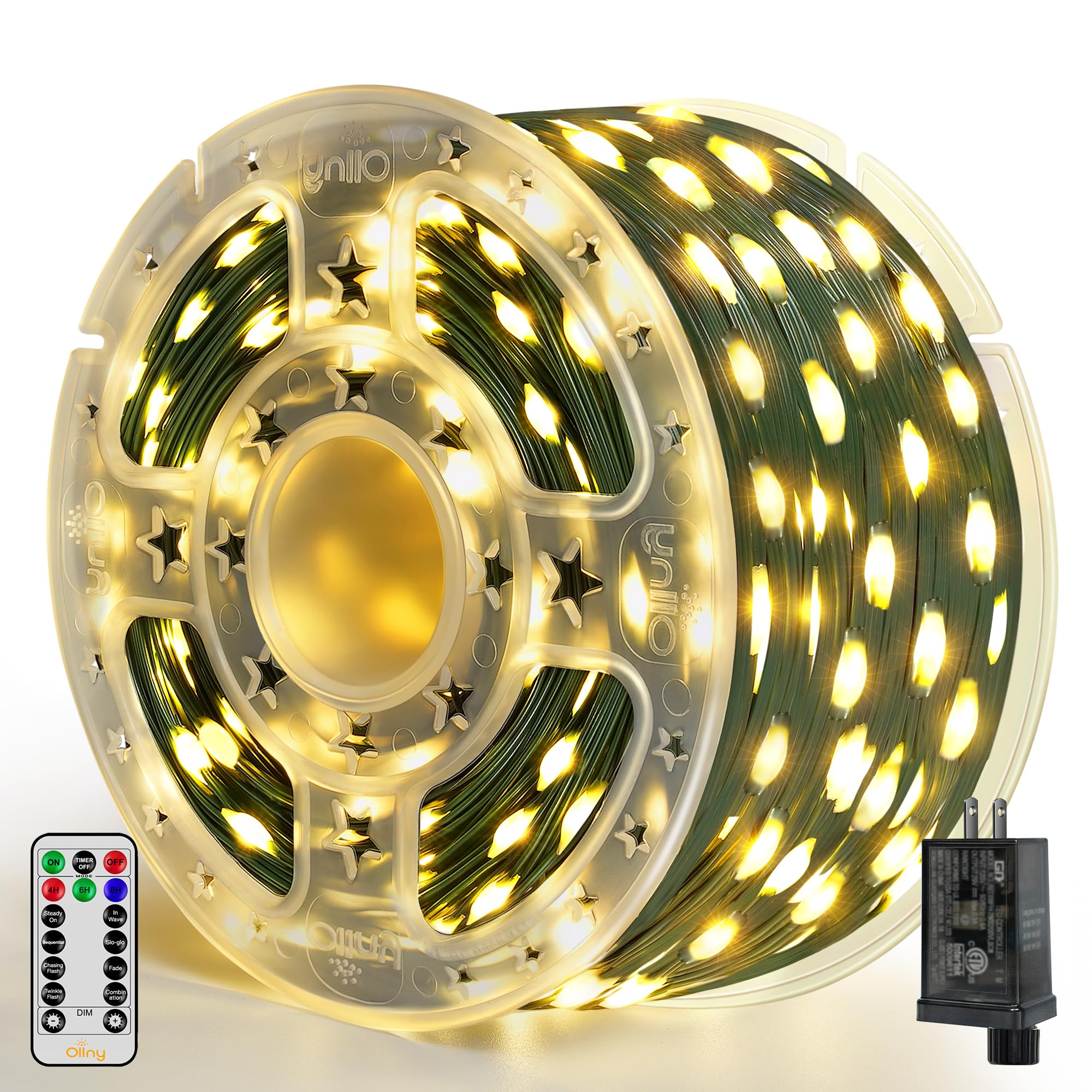 Ollny Christmas Lights 800 LED 262 FT Plug in, IP67 Waterproof Green Wire Outdoor Christmas Lights with Remote, 8 Modes and Timer Christmas Tree Lights for House Indoor Xmas Decorations (Warm White)