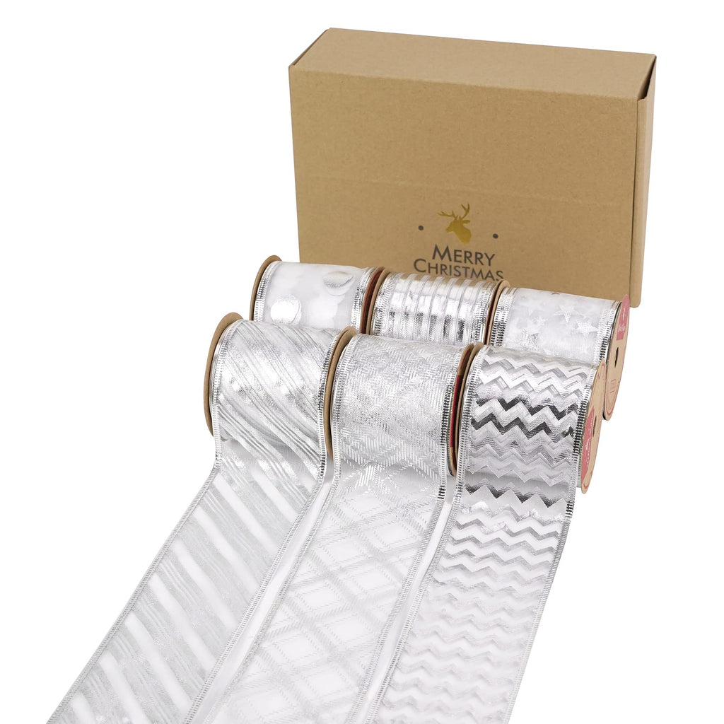 MEEDEE Silver Ribbon for Christmas Tree Silver Wired Ribbon 2.5 Inch 6 Rolls 36 Yards Silver Tree Ribbon Garland Christmas Ribbon Set Ribbon for Christmas Tree Decoration Topper Bow Making