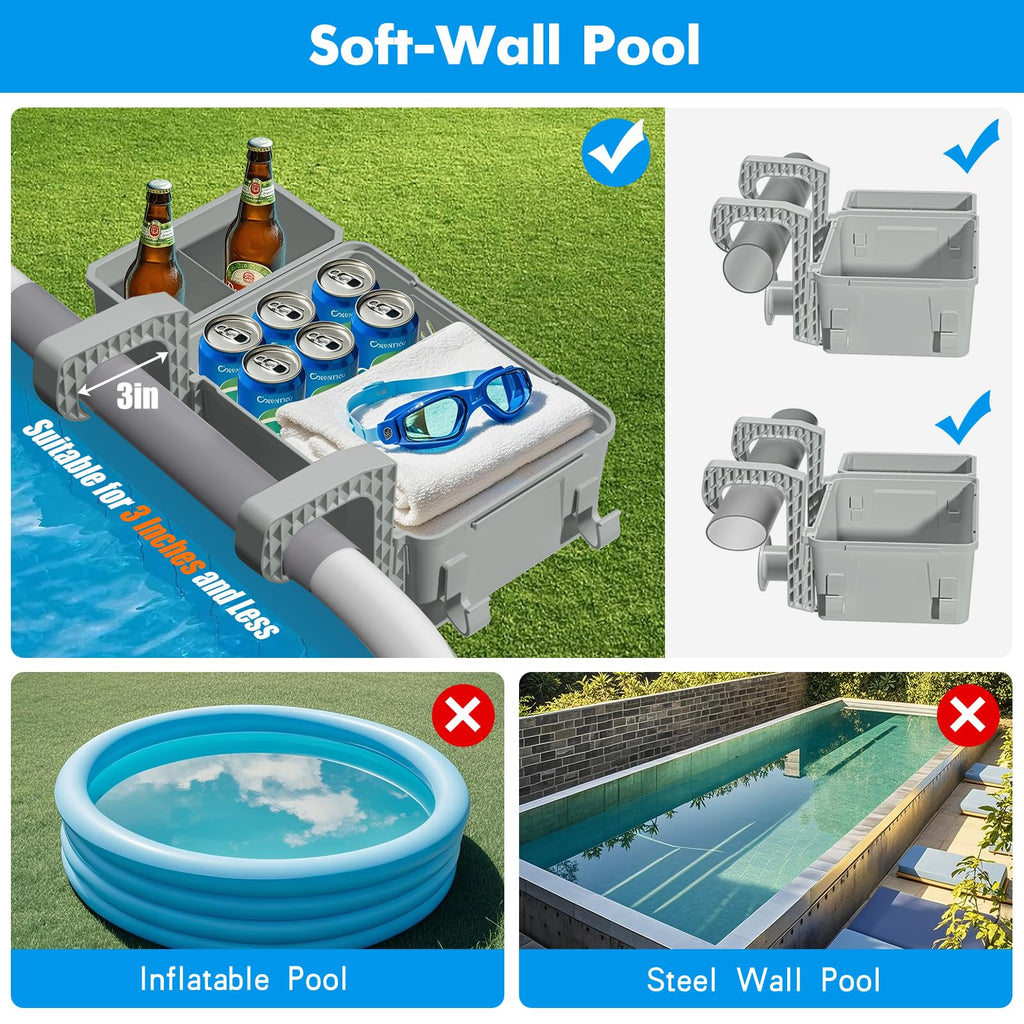Poolside Storage Basket 2 Pack - Above Ground Pool Accessories, Swimming Pool Storage Baskets with Cup Holders,Fits 3” or Smaller Top Rails,Versatile Organizer for Pool Toys,Towels,Beverages (Grey)