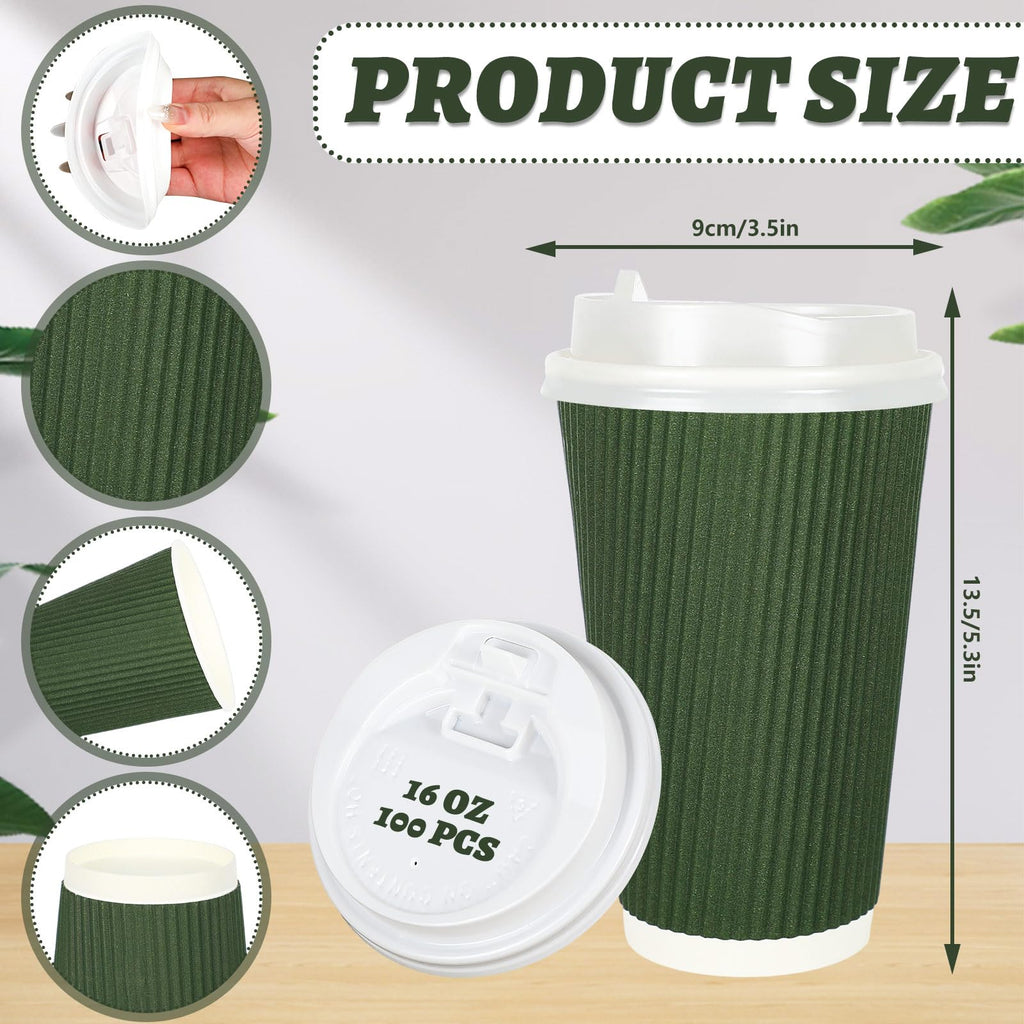 Whaline 100Pcs Sage Green Disposable Coffee Cups with Lids Gradient Green Paper Cups Corrugated Ripple Wall Insulated Hot Cups for Home Office Party Supplies