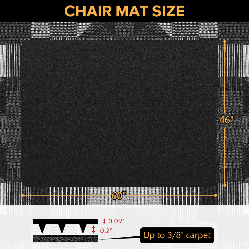 QQpony Office Chair Mat, 60" x 46" Large Chair Mat for Carpeted Floors, Heavy Duty Floor Protector Rolling Computer Desk Mat with Grips, Vinyl Floor Mat for Home Office (Black)