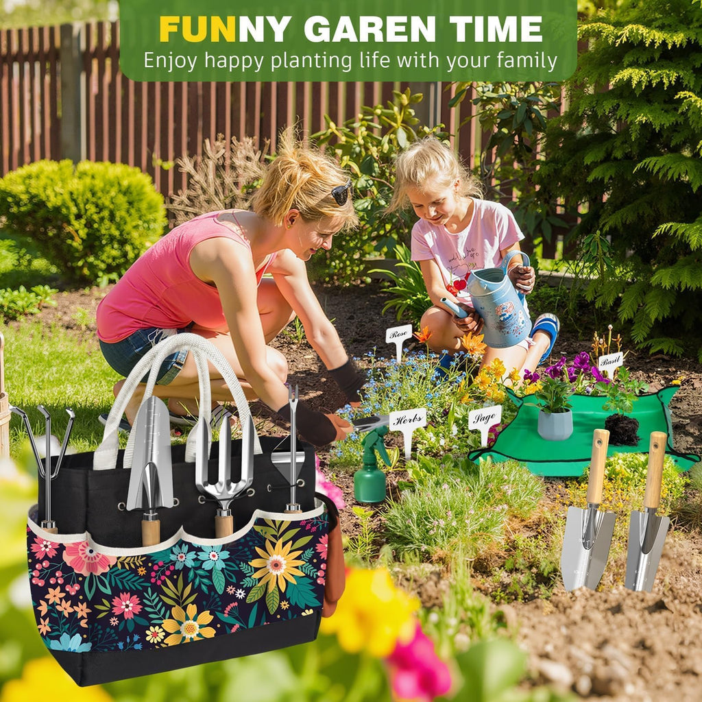 22Pcs Gardening Tools Set for Women Heavy Duty Garden Hand Tool Kit Garden Gifts for Mothers Day Mom Beginner Gardening Accessories with Tote Bag/Shovel/Repotting Mat/Plant Labels/Gloves-Black