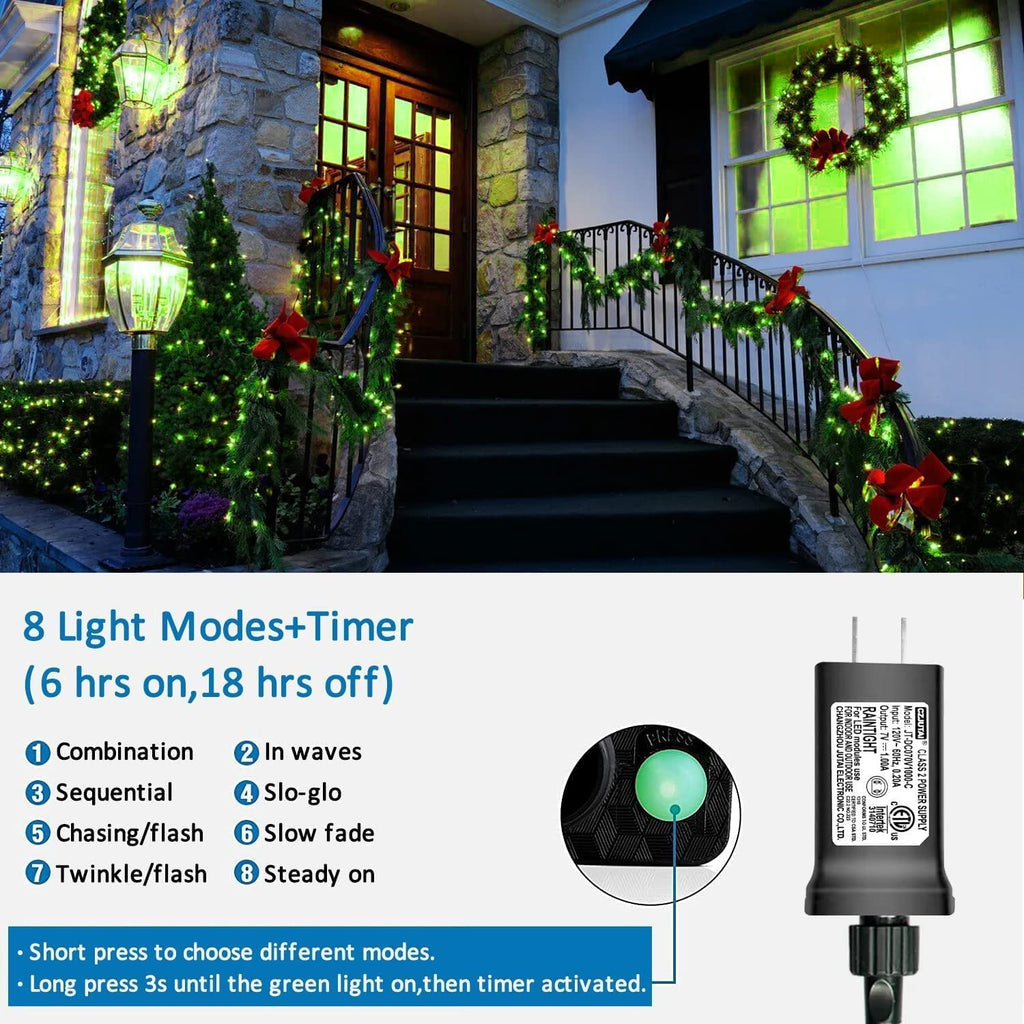 YEGUO Green Christmas Lights, 200 LED String Lights Outdoor Waterproof, 8 Modes 66ft Christmas Lights Plug in