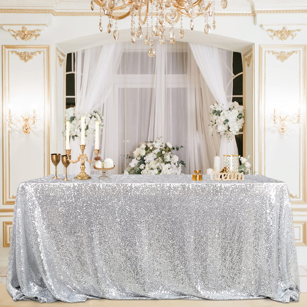 B-COOL 60x102 Inch Silver Tablecloth Halloween Rectangle Silver Sequin Tablecloth Sequin Table Linens Glitter Tablecloth Wedding Sequin Tablecloth for Christmas Halloween