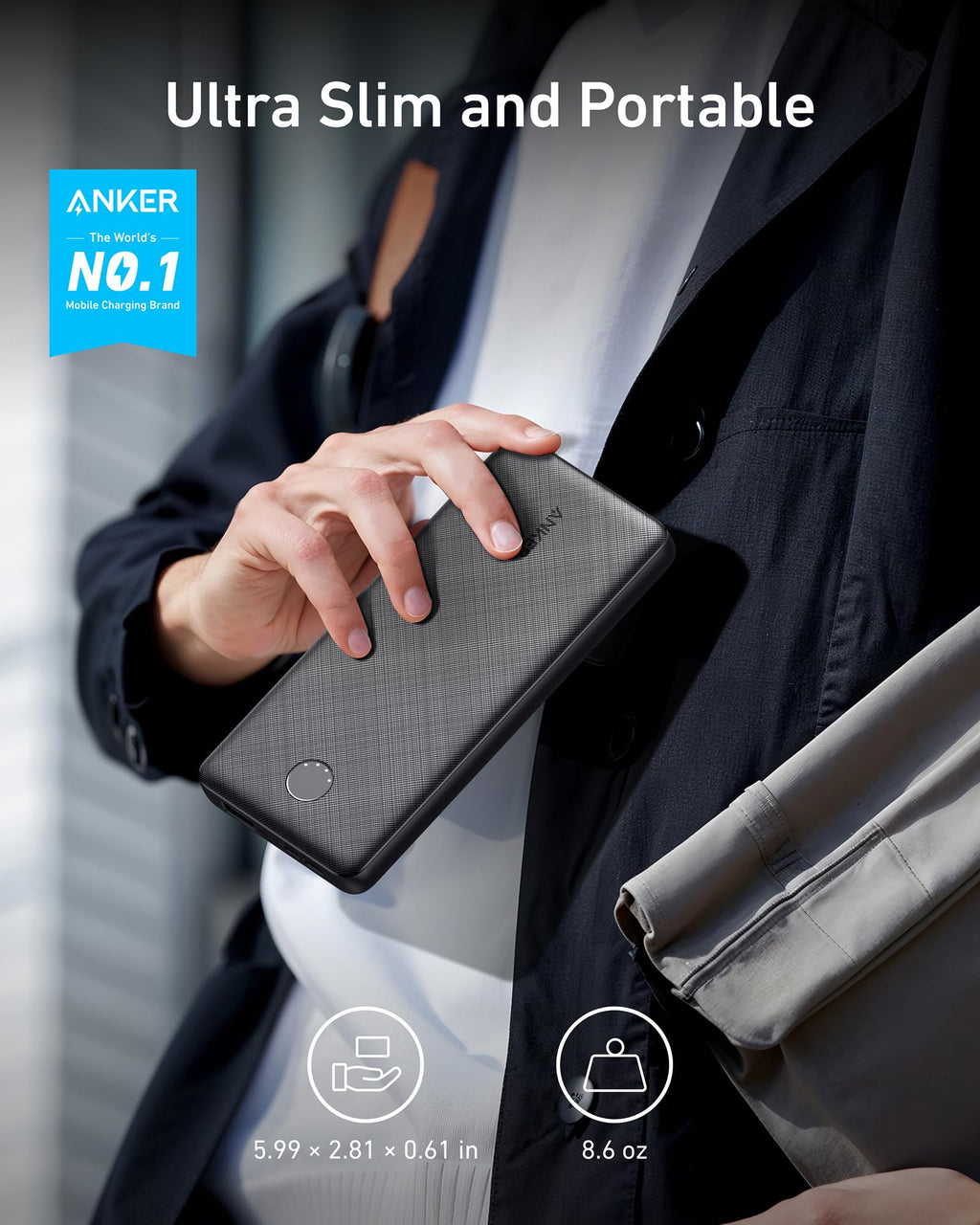 Anker Power Bank (PowerCore 10K), Compact Travel-Ready 10,000mAh Battery Pack with PowerIQ Charging Technology, 5V/3A High-Speed Charging, USB-C (In and Out) for iPhone, iPad, Samsung, Pixel, and More