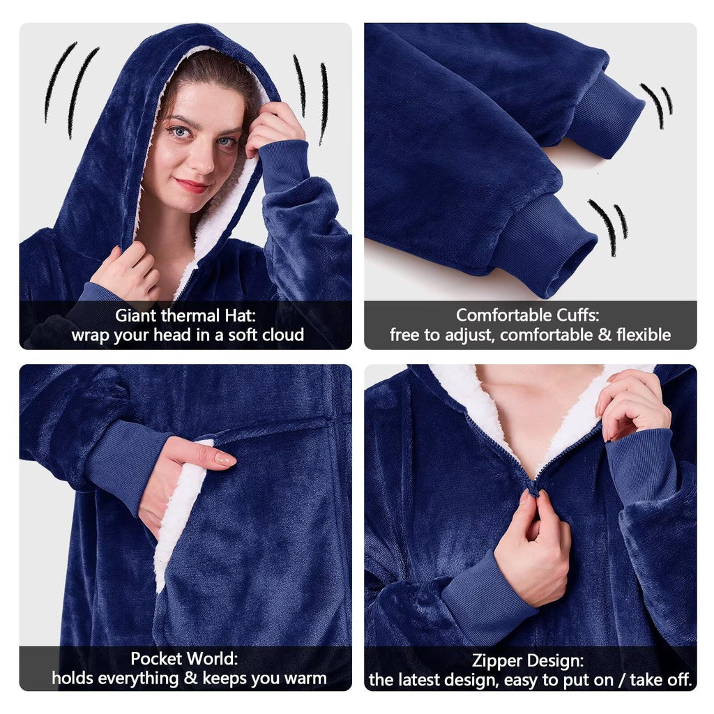 JOYWOO Wearable Blanket Hoodie, Oversized Hooded Blanket for Adult, Birthday Christmas Gifts for Women Men, Cozy Fuzzy Sherpa Sweatshirt Blanket with Giant Pocket and Zipper, Navy Blue