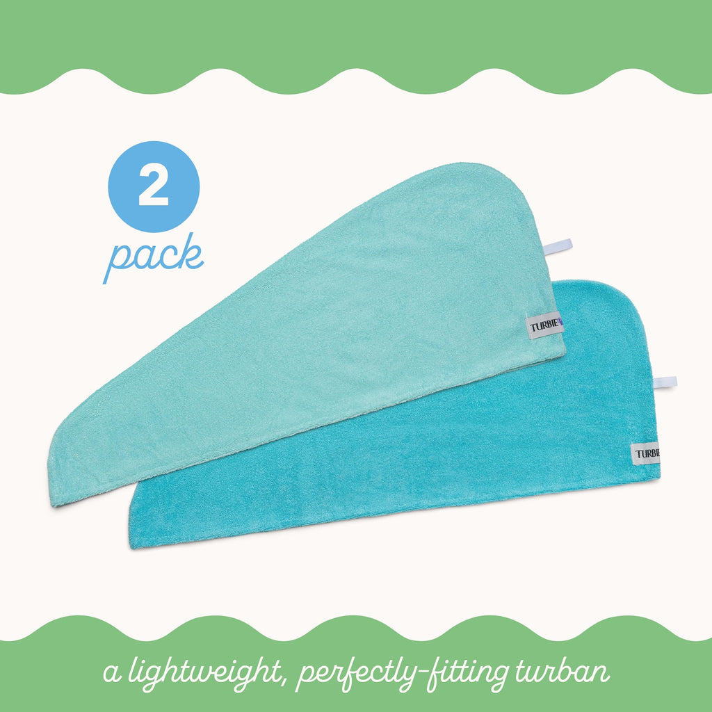 Turbie Twist Microfiber Hair Towel Wrap - for Women, Men & Kids - Travel & Bathroom Essential - Quick Dry Hair Turban for Curly, Long & Thick Hair - 2 Pack (Dark Aqua, Light Aqua)