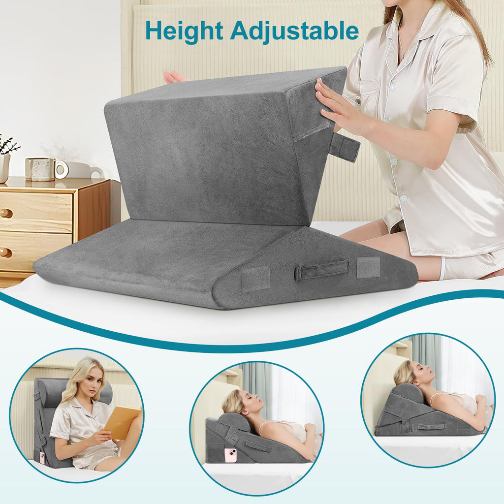 Domusensus Bed Wedge Pillow for Sleeping, 3Pcs Adjustable 9&12 Inch Fold Wedge Pillow for Sleeping,Back Pain Relief,Knee Support,Cooling Memory Foam Pillows for Acid Reflux,Snoring,Dark Grey