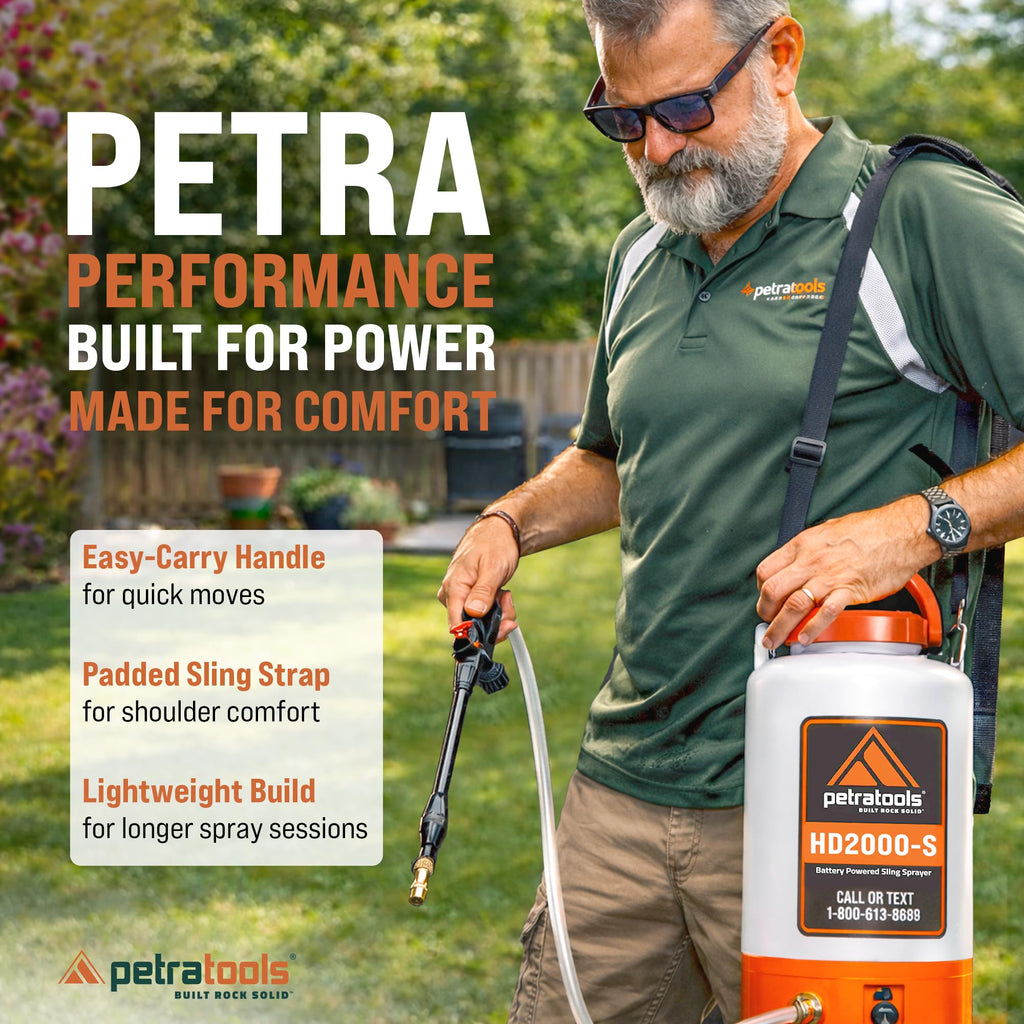PetraTools Battery Powered Sprayer 2 Gallon - HD2000-S - Heavy Duty Electric Sprayer for Lawn and Garden Weed/Pest Control, Watering - with Battery, Charger & 2 Nozzles (2 Gallon)