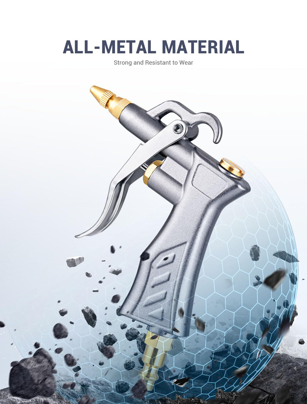 Industrial Air Blow Gun with Brass Adjustable Air Flow Nozzle and 2 Steel Extension, Pneumatic Air Compressor Accessory Tool Dust Cleaning and Blower Gun