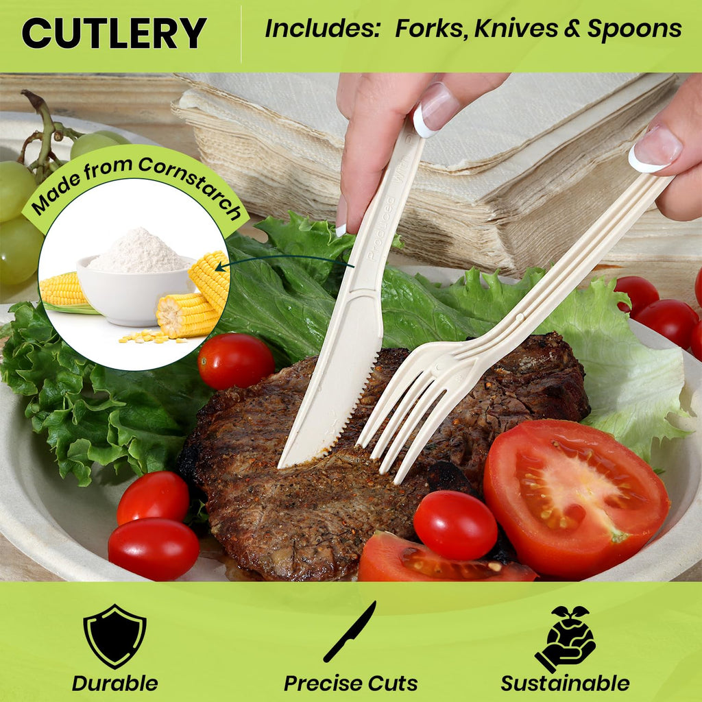 ALPIO 400 Piece Compostable Dinnerware Set for 50 Guests, Biodegradable Paper Plates Set, Eco-Friendly Disposable Plates & Utensils include Paper Plates, Forks Knives Spoons Straws Napkins for Party