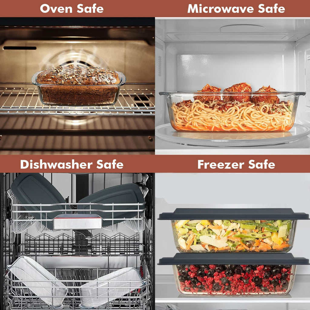 Razab LARGE 7.6 Cups/1800 ML/1.9 Qt Glass Loaf Pan with Lids (Set of 2) - Meatloaf Pan BPA free Airtight Lids Grip Handle Easy Carry, Microwave and Oven Safe - Loaf Pans For Baking Bread, Cakes